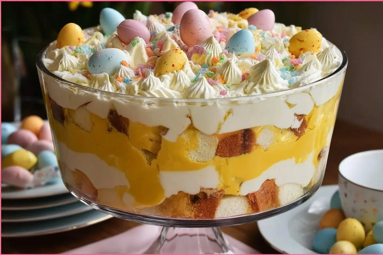 Delicious Easter Trifle layered with fruit, cream, and cake.