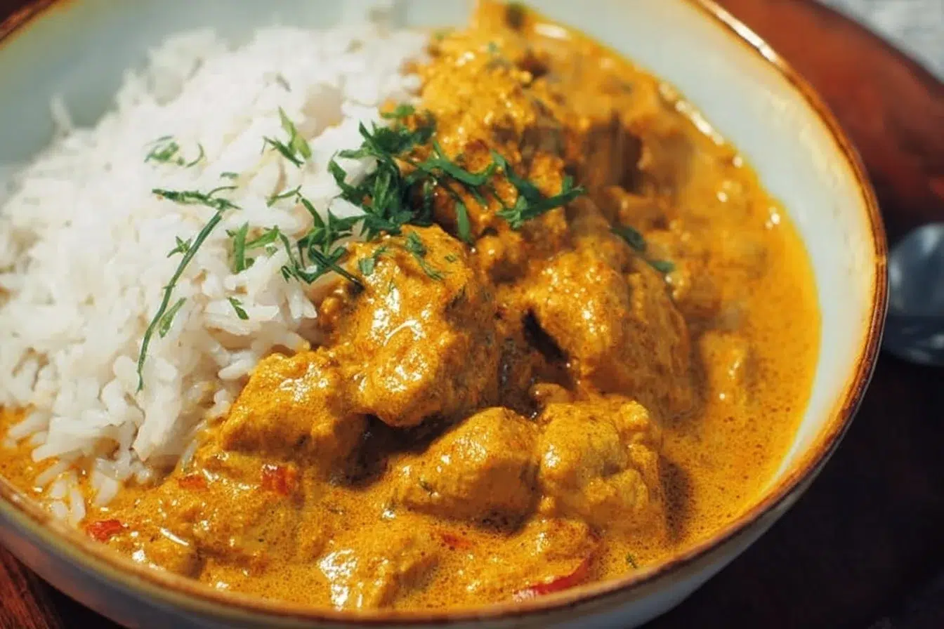Bowl of easy and healthy coconut chicken curry with fresh herbs