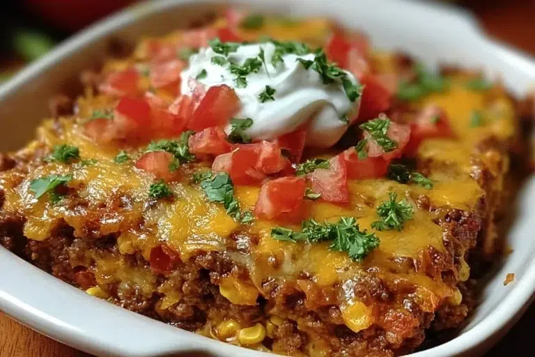 Delicious easy Mexican casserole topped with cheese and fresh ingredients