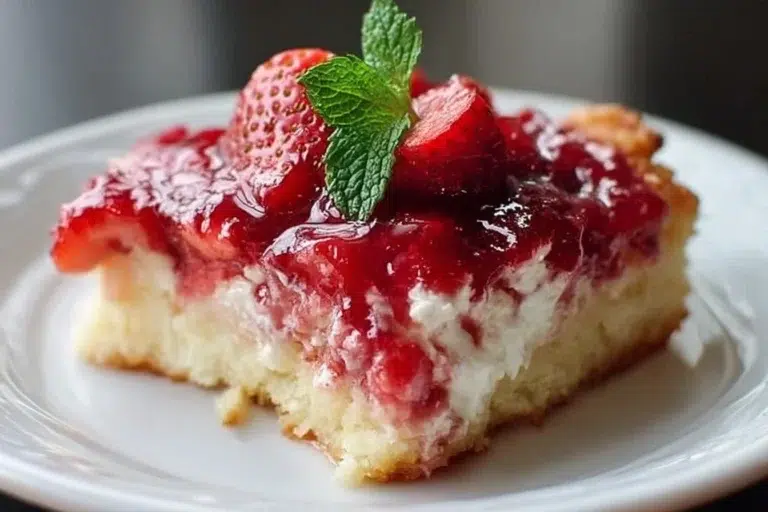 Easy Strawberry Cheesecake Dump Cake topped with fresh strawberries