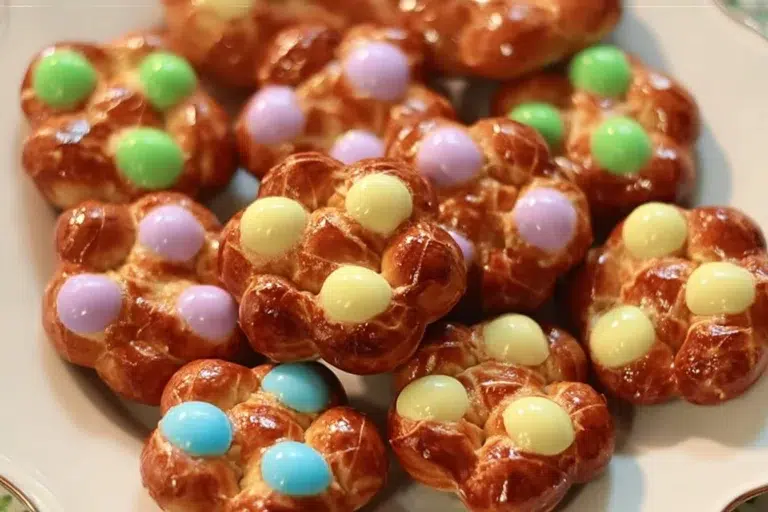 Plate of colorful flower pretzel bites for a festive snack