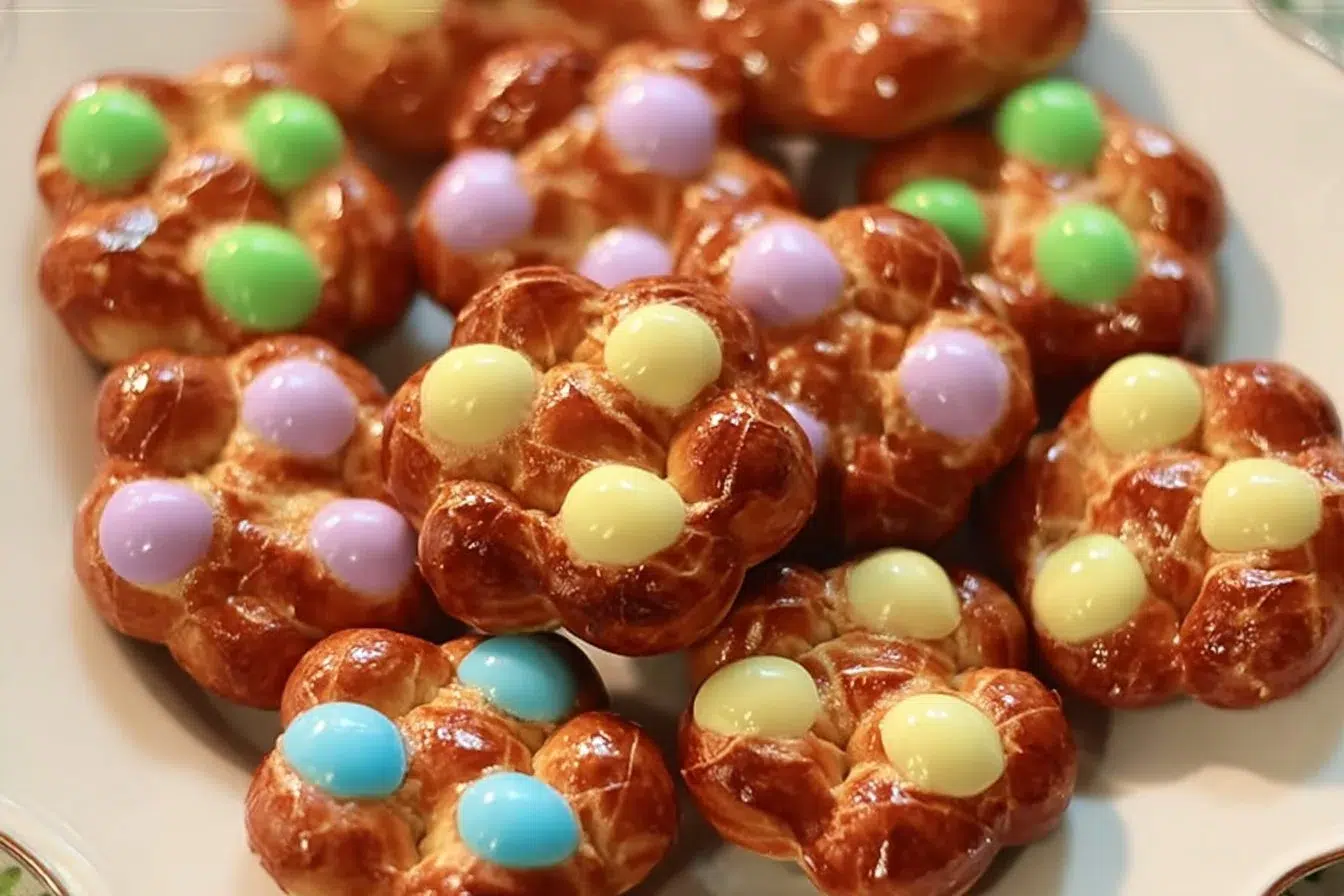 Plate of colorful flower pretzel bites for a festive snack