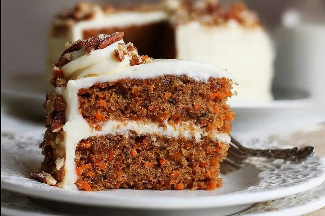 Slice of gluten-free carrot cake topped with cream cheese frosting and walnuts