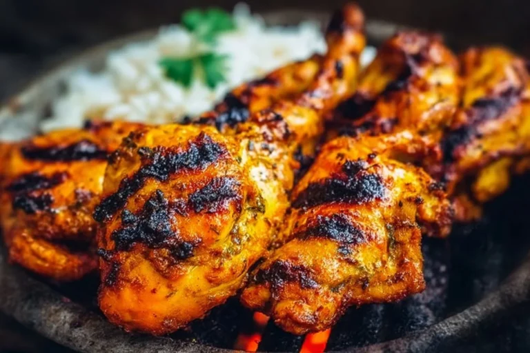 Delicious grilled tandoori chicken served on a platter with spices and garnish.