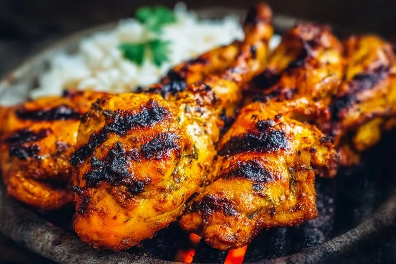 Delicious grilled tandoori chicken served on a platter with spices and garnish.