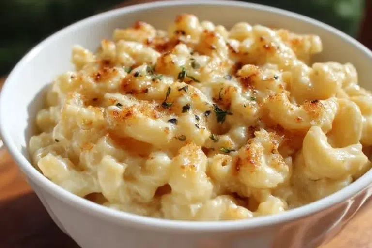 Image of creamy Guinness Stout Mac and Cheese in a rustic bowl