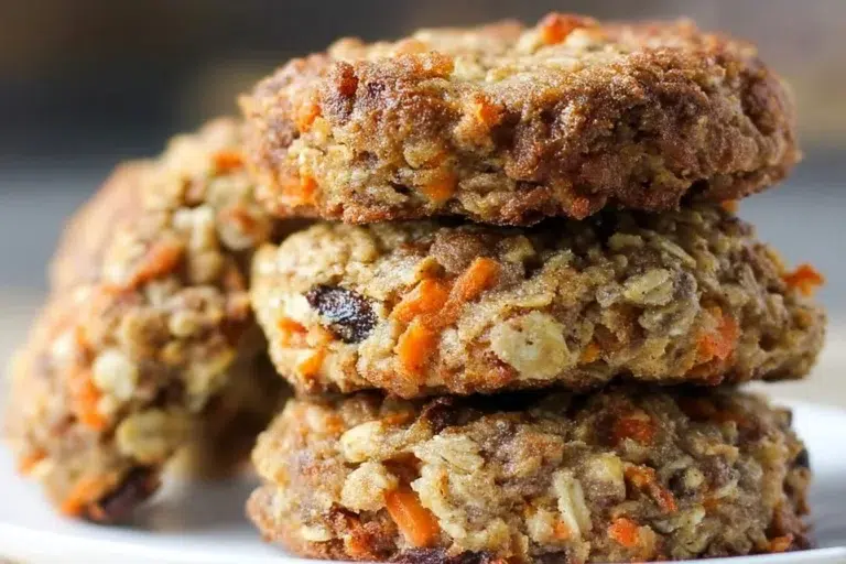 Healthy carrot cake breakfast cookies on a plate with frosting and nuts.