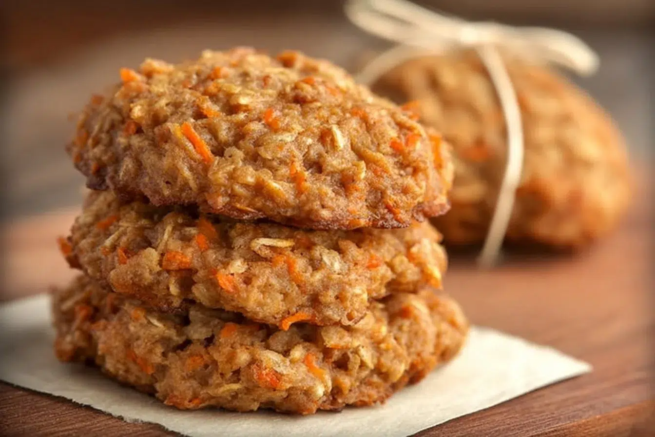 Healthy carrot cake oatmeal cookies on a wooden table with fresh carrots