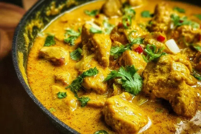 Delicious Indian chicken curry served in a traditional bowl with spices