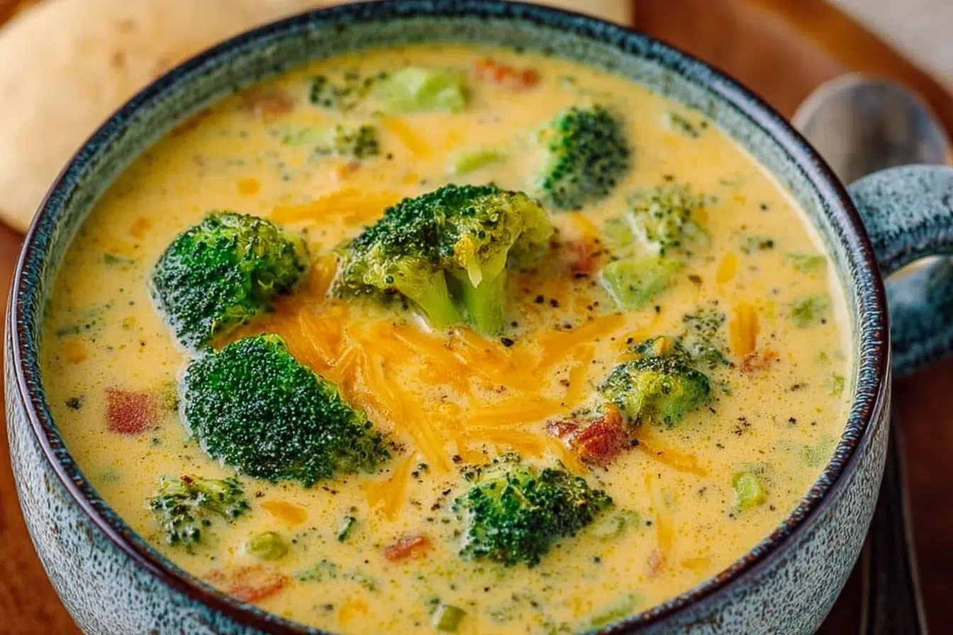 Bowl of creamy Instant Pot broccoli cheddar soup garnished with cheese and herbs