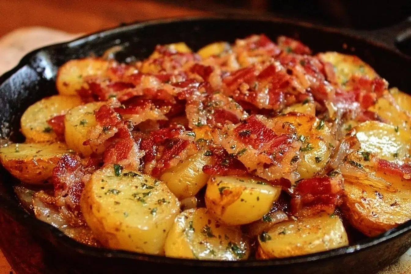 Irish Bacon Potato Skillet featuring crispy bacon and seasoned potatoes.