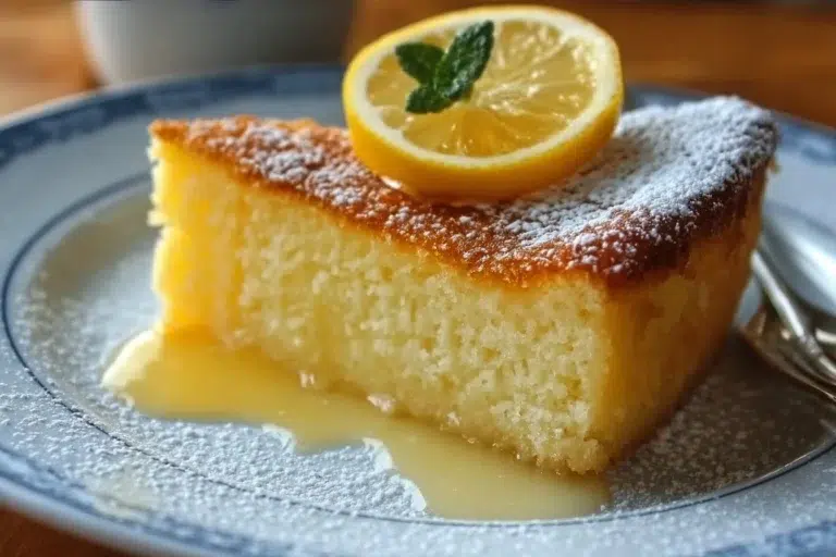 Slice of Irish Lemon Pudding Cake topped with lemon zest and cream