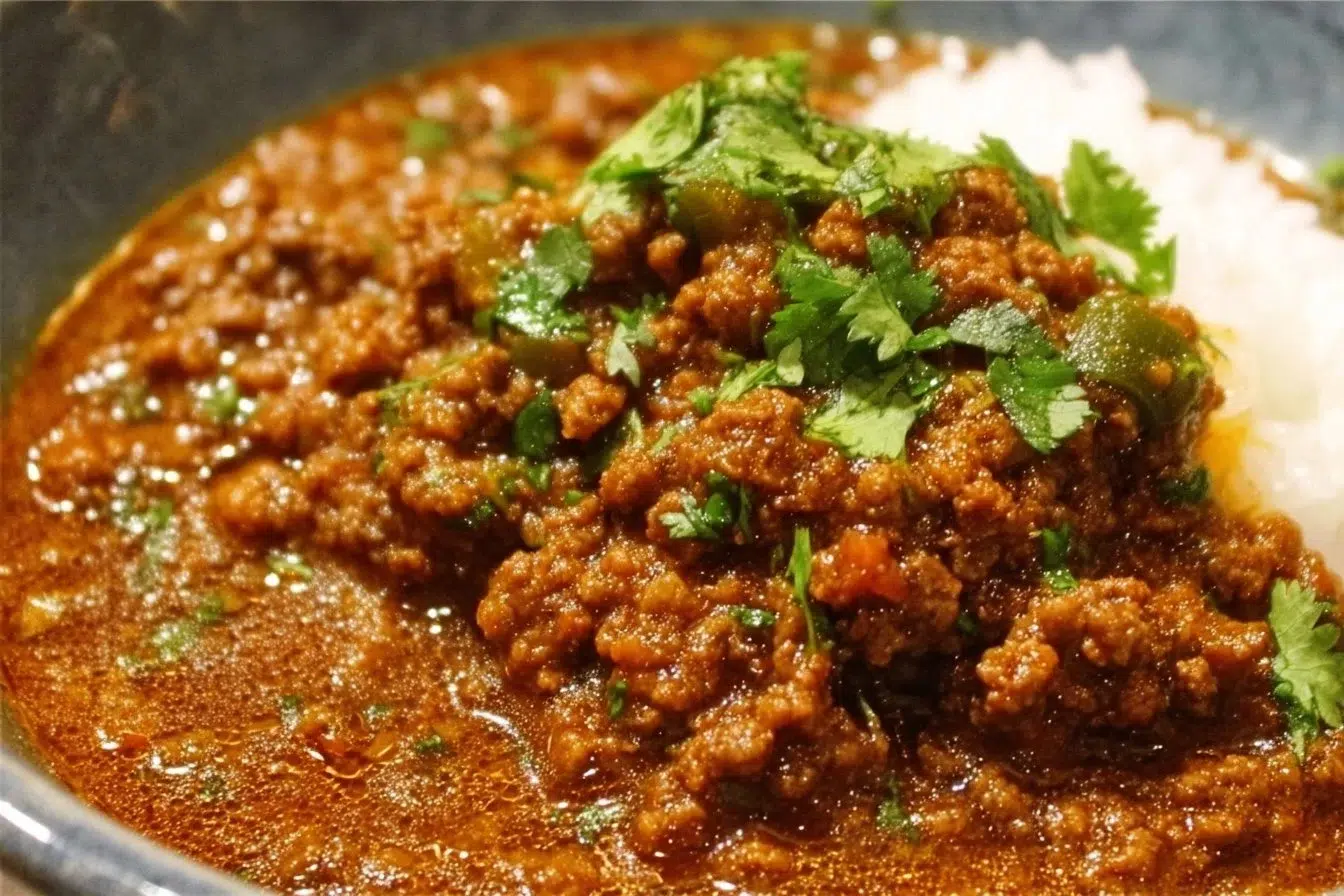 Plate of flavorful keema curry garnished with fresh herbs and served with rice.
