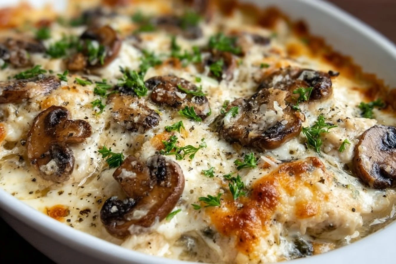 Keto Garlic Mushroom Chicken Casserole on a plate with fresh herbs