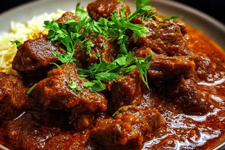 Delicious Lamb Madras Curry garnished with herbs and spices.