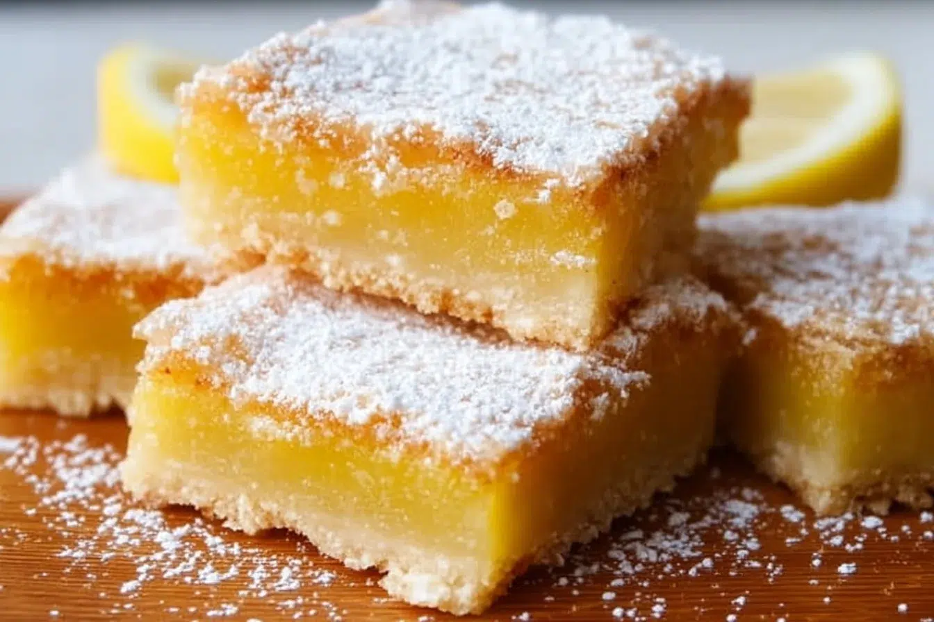 Freshly baked lemon bars topped with powdered sugar on a white plate