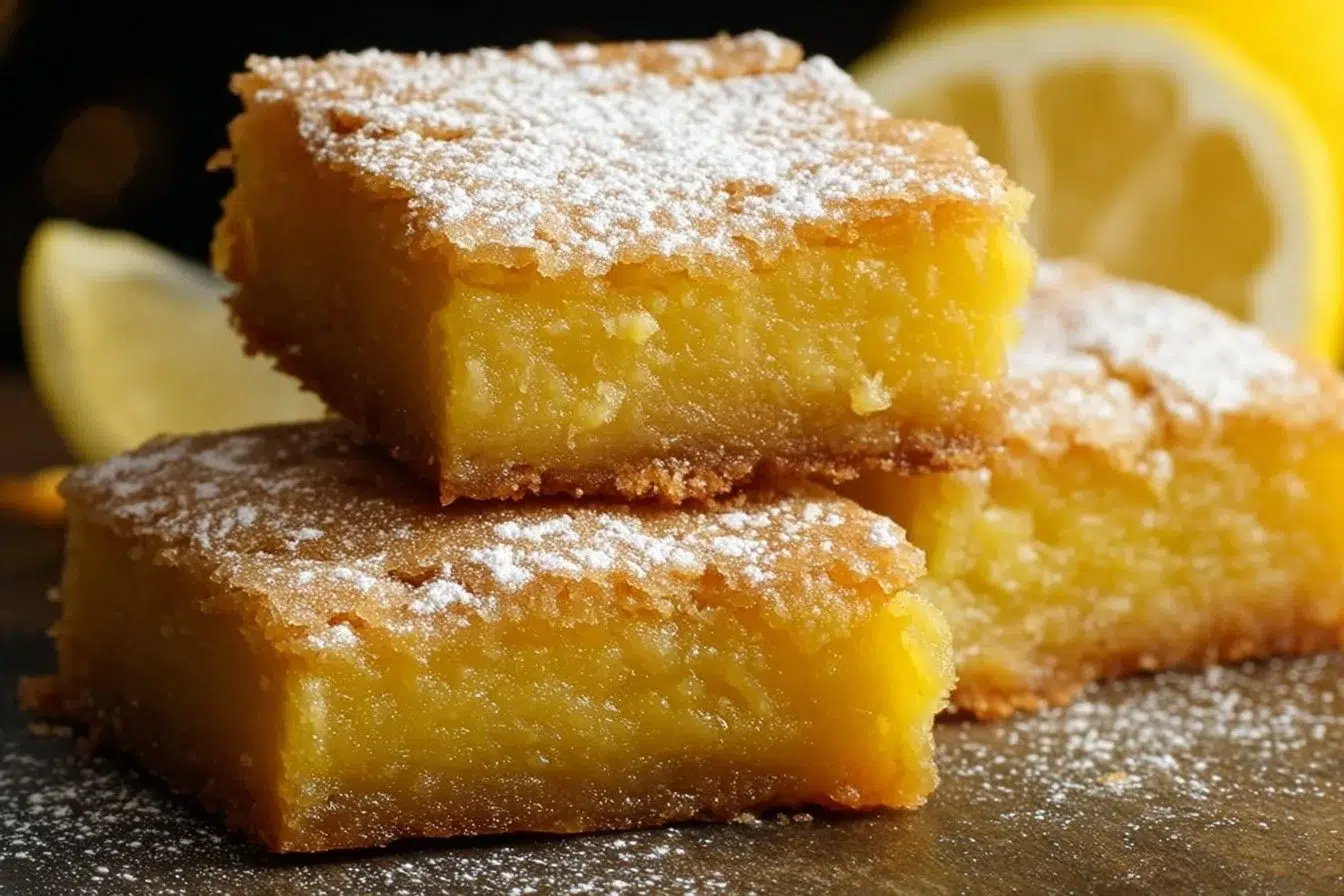 Freshly baked lemon brownies with a light dusting of powdered sugar