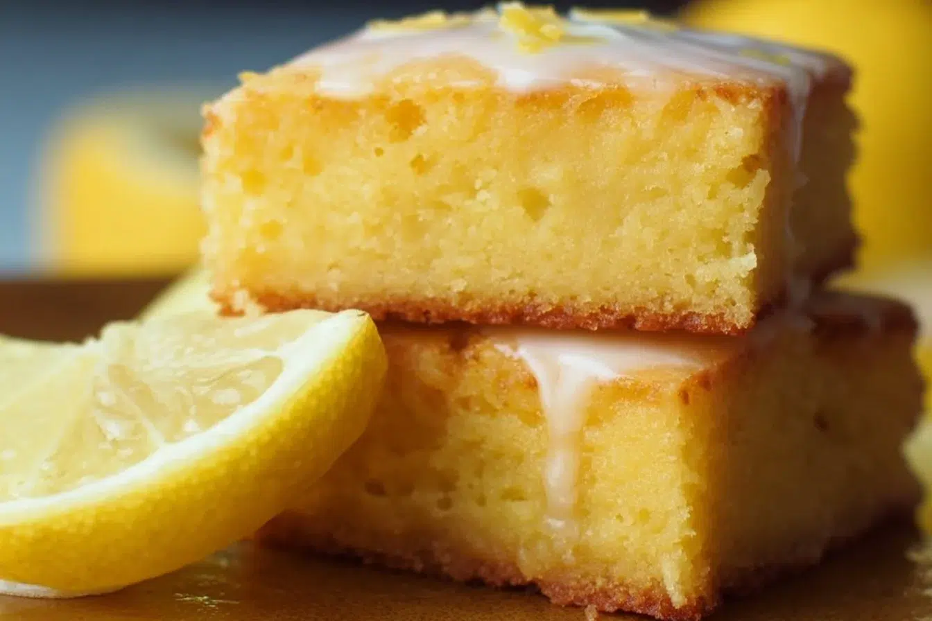 Delicious lemon brownies topped with powdered sugar, a perfect sweet treat.