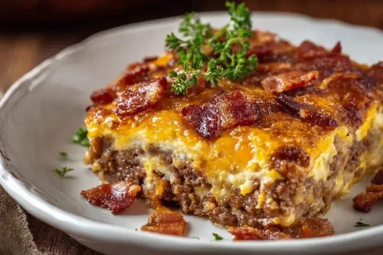 Low-Carb Bacon Cheeseburger Casserole served in a baking dish