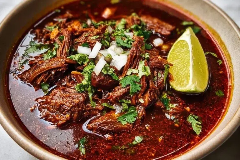 Delicious Mexican beef birria served in a bowl with fresh herbs and lime