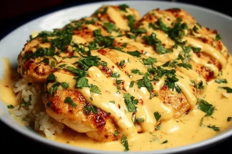 Delicious Mexican chicken topped with creamy cheese sauce served on a plate.
