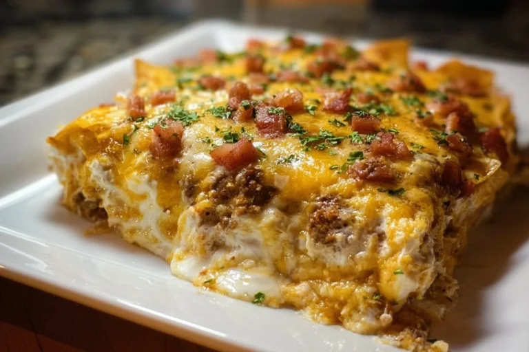 Delicious Mexican White Trash Casserole served in a rustic dish