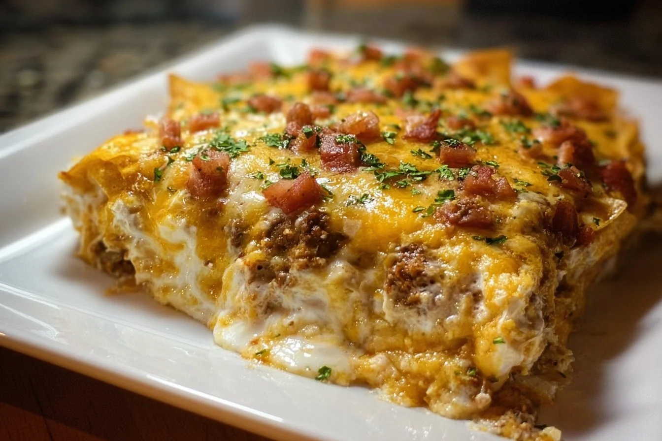 Delicious Mexican White Trash Casserole served in a rustic dish