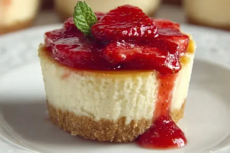 Mini strawberry cheesecake garnished with fresh strawberries
