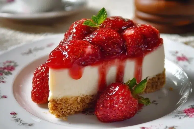 Delicious no-bake strawberry cheesecake garnished with fresh strawberries