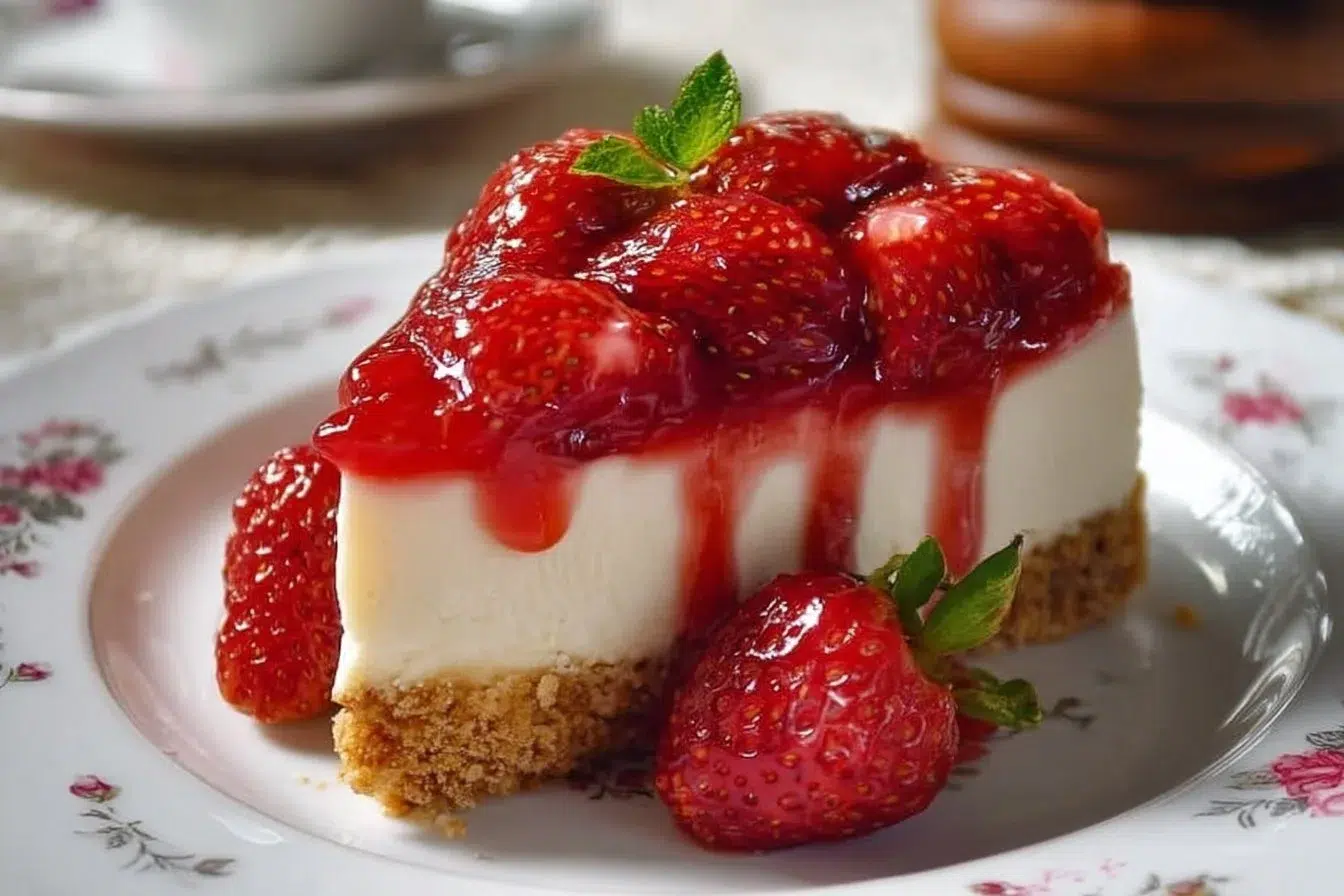 Delicious no-bake strawberry cheesecake garnished with fresh strawberries