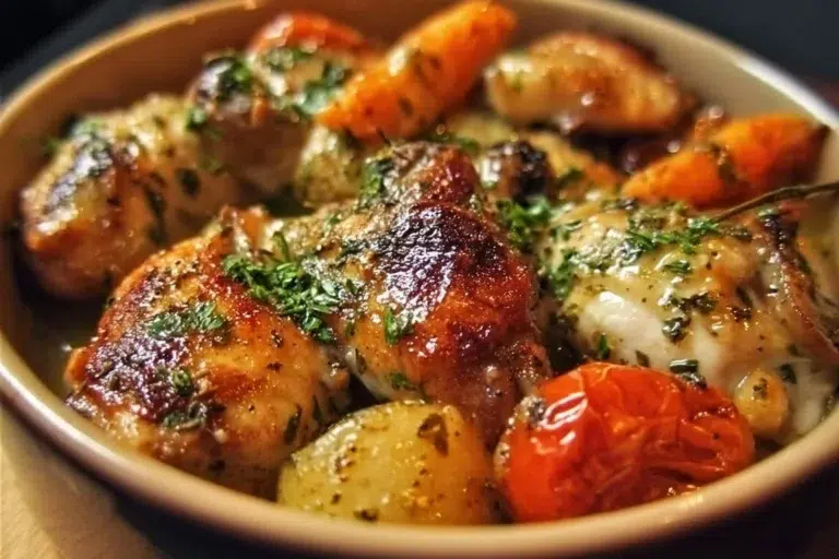 One-Pot Irish Chicken served in a rustic dish, featuring herbs and vegetables.