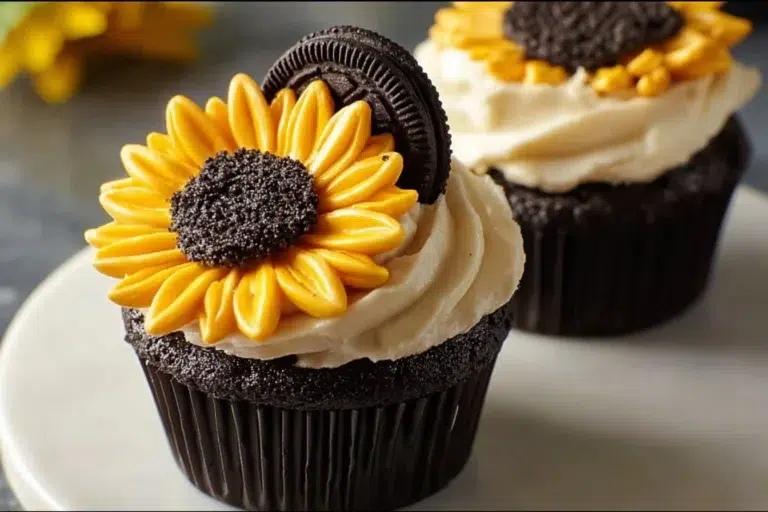 Delicious Oreo sunflower cupcakes topped with creamy frosting and Oreo crumbs.