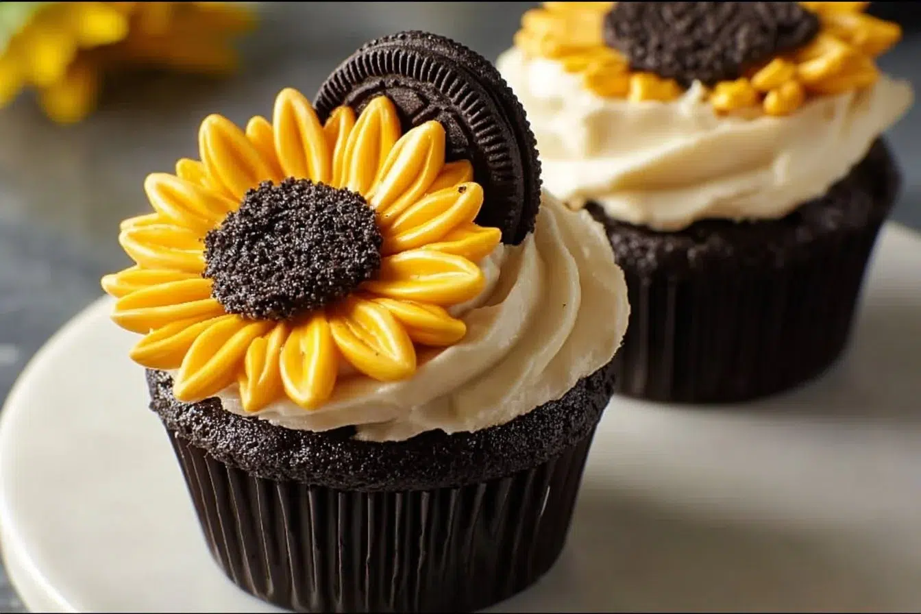 Delicious Oreo sunflower cupcakes topped with creamy frosting and Oreo crumbs.
