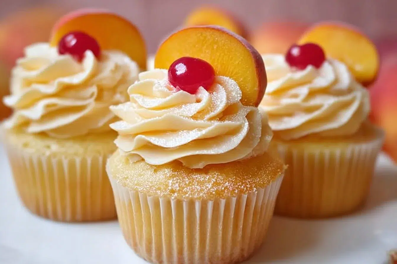 Peach Bellini Cupcakes topped with fresh peach slices and champagne frosting
