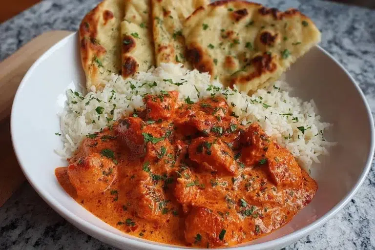 Delicious homemade butter chicken served with rice and naan bread.