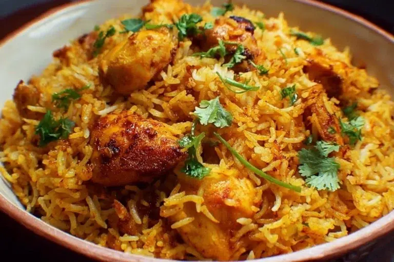 Delicious plate of Butter Chicken Biryani garnished with herbs and spices