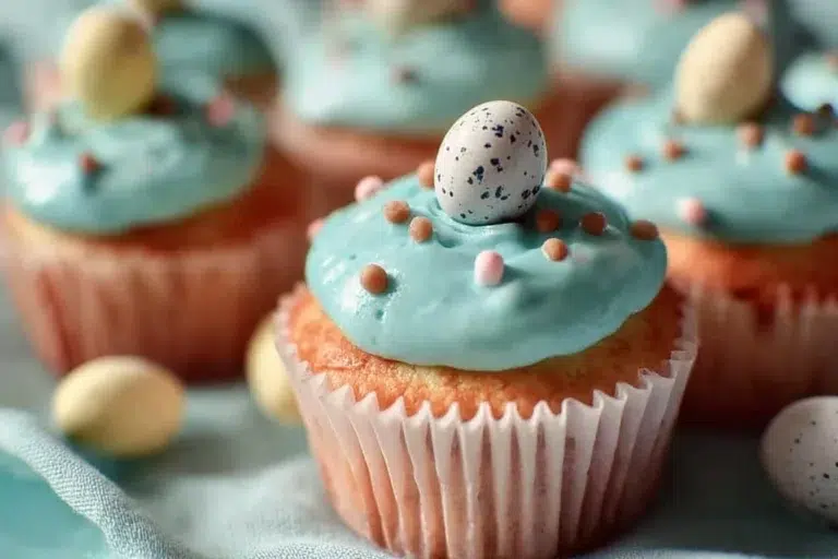 Decorative Robin's Egg Cupcakes with pastel colors and chocolate frosting