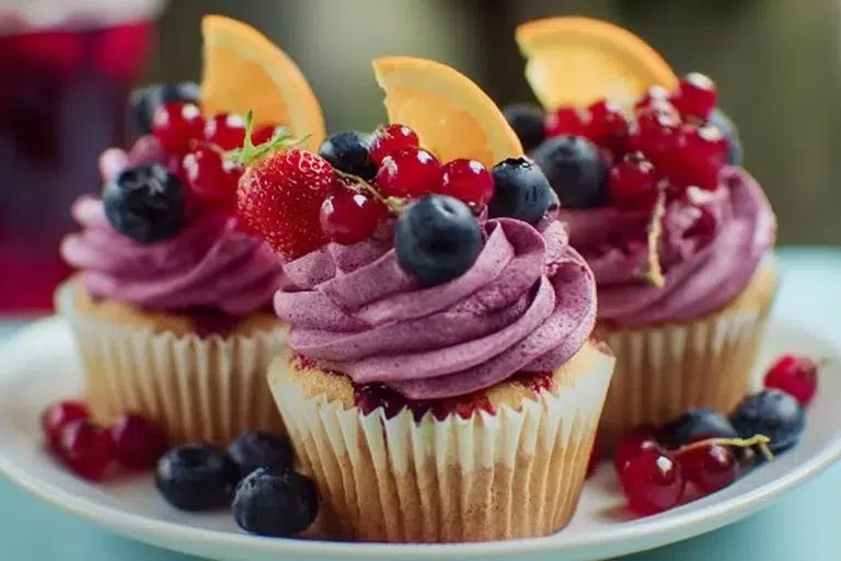 Delicious sangria cupcakes topped with fruity frosting and garnished with fruit slices