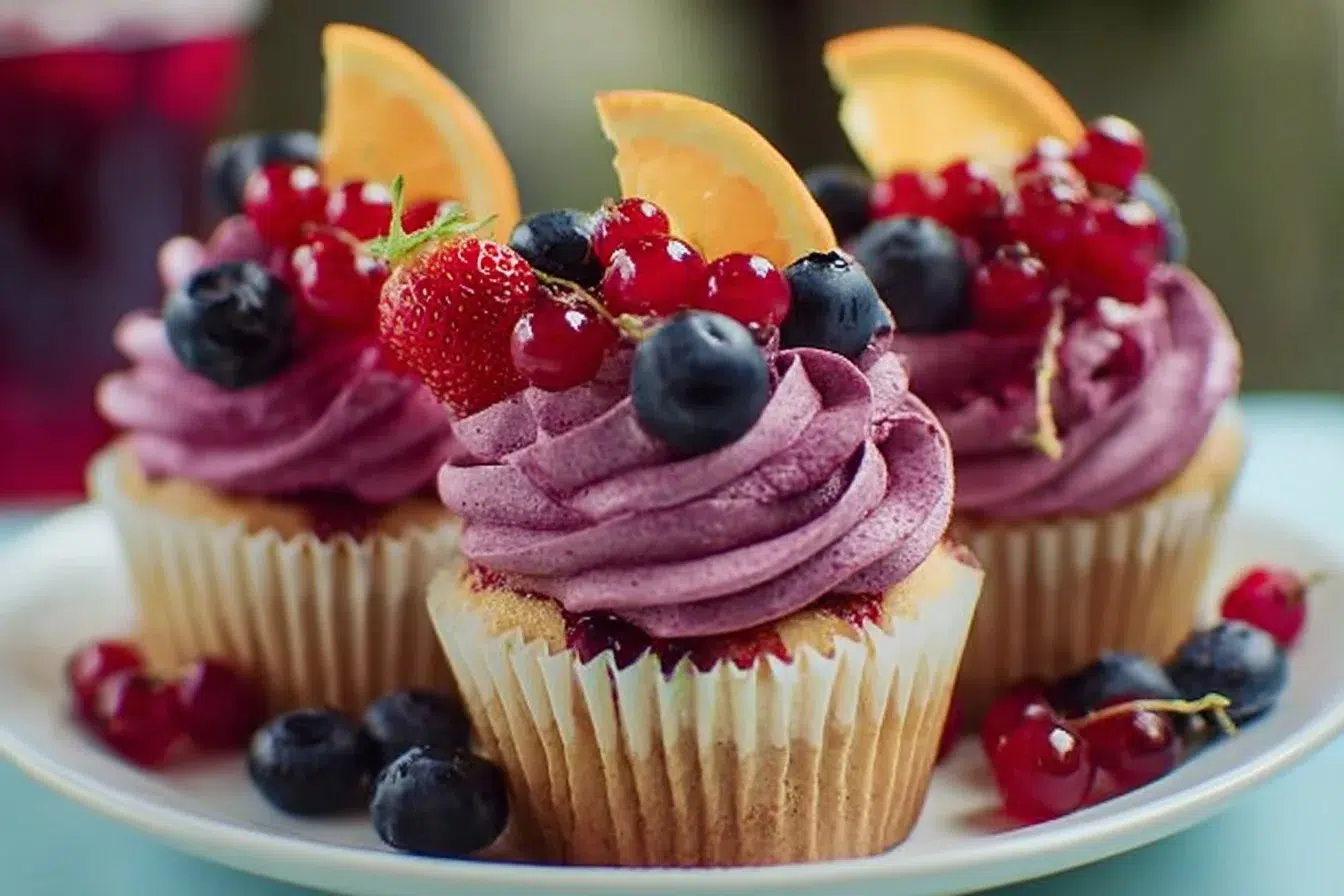 Delicious sangria cupcakes topped with fruity frosting and garnished with fruit slices