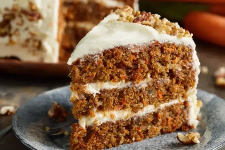 Delicious slice of simple carrot cake with cream cheese frosting