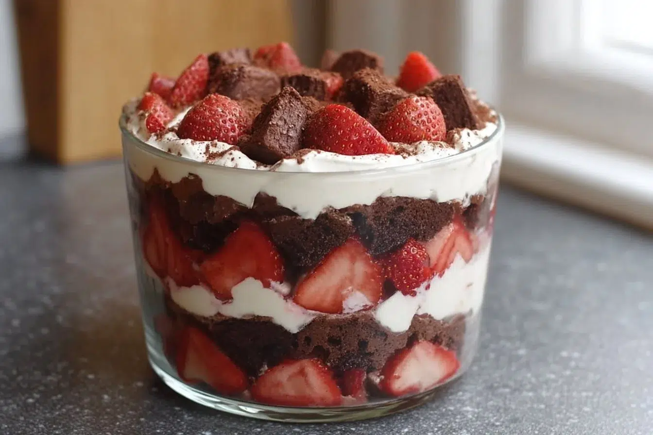Delicious Strawberry Brownie Trifle with layers of brownies and fresh strawberries