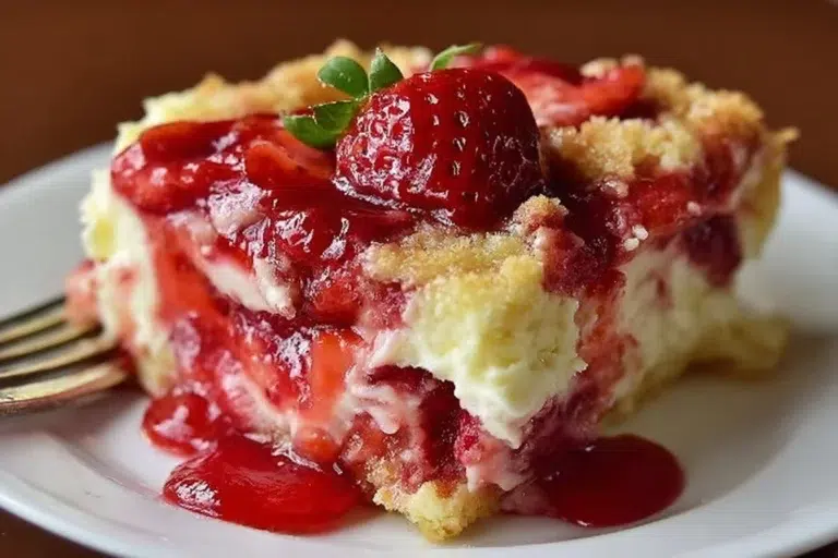 Delicious strawberry cheesecake dump cake served on a plate