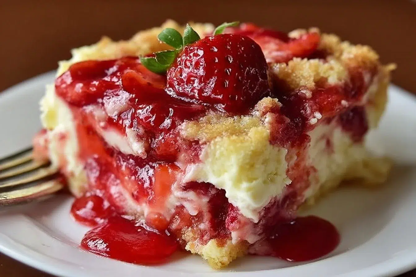 Delicious strawberry cheesecake dump cake served on a plate
