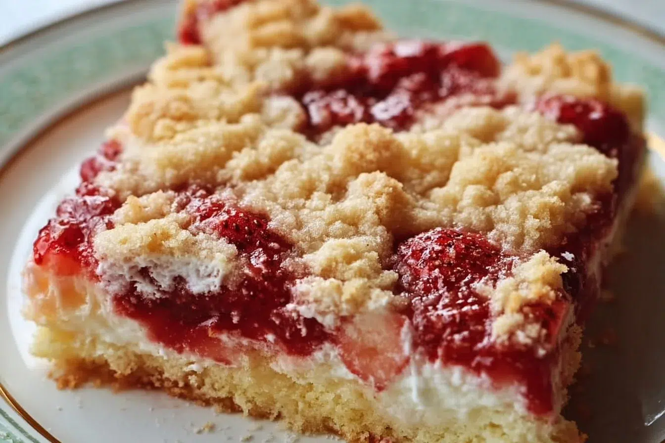 Delicious Strawberry Cheesecake Dump Cake topped with fresh strawberries