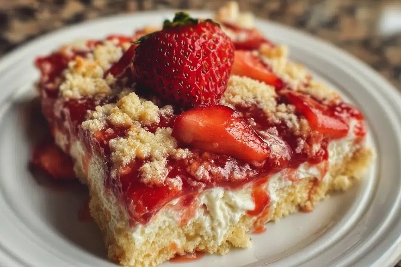 Delicious strawberry cheesecake dump cake with fresh strawberries on top.
