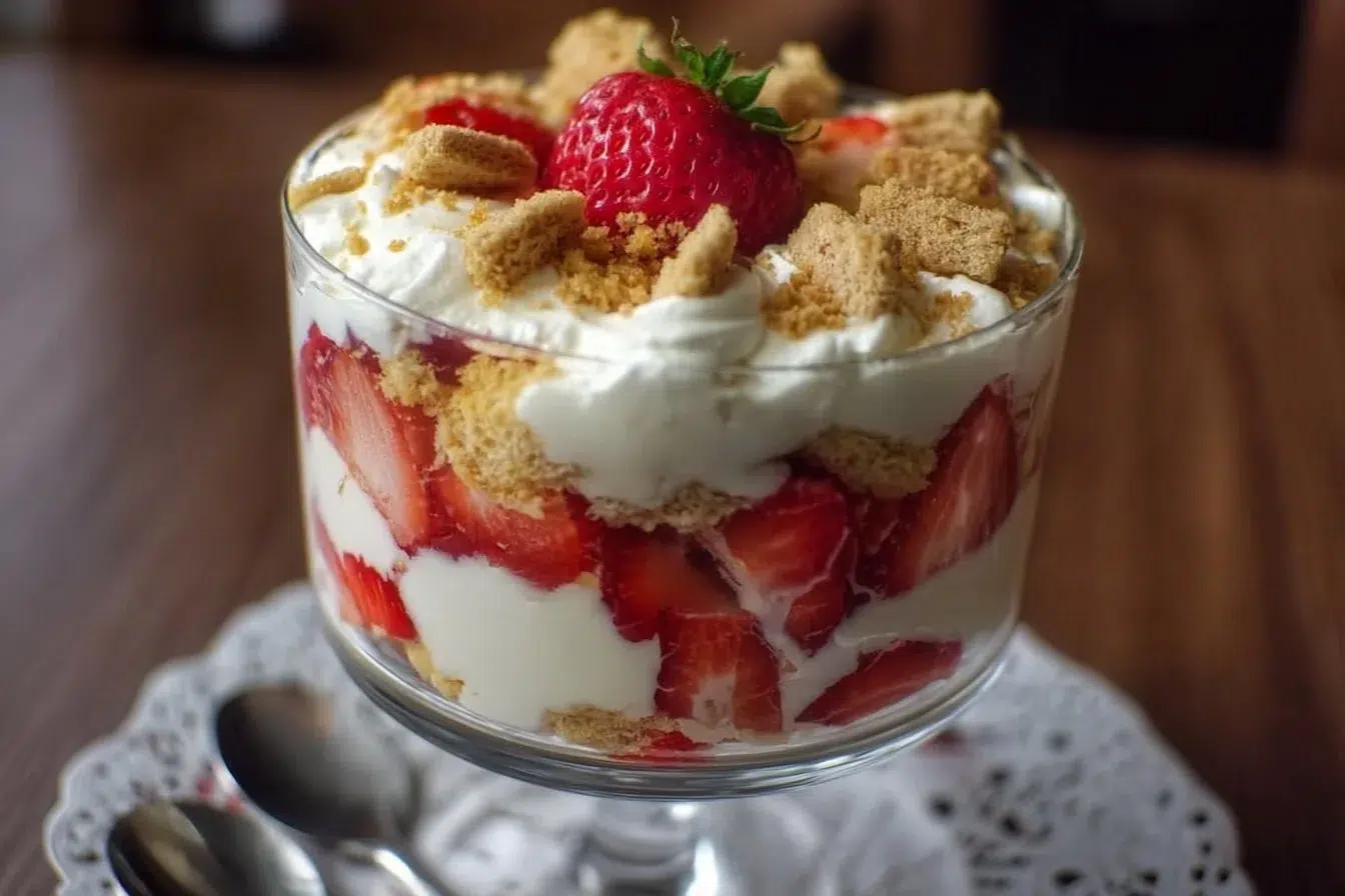Strawberry Cheesecake Trifle with layers of cheesecake and fresh strawberries