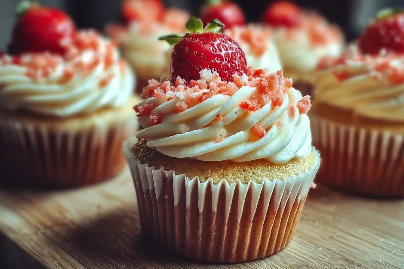 Delicious strawberry crunch cupcakes topped with a crunchy strawberry layer