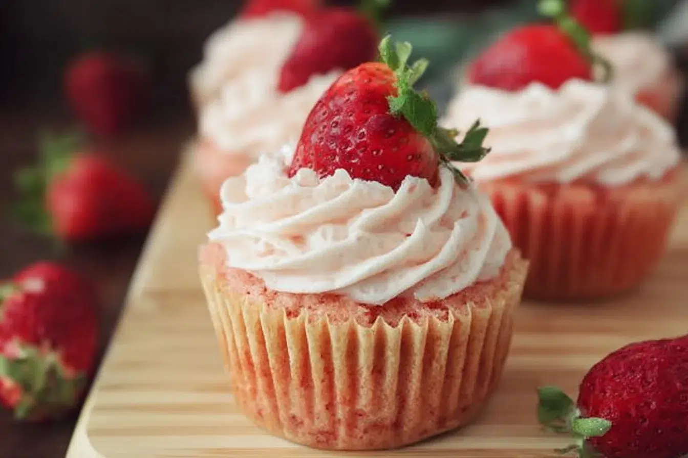 Delicious strawberry cupcakes topped with fresh strawberries and frosting