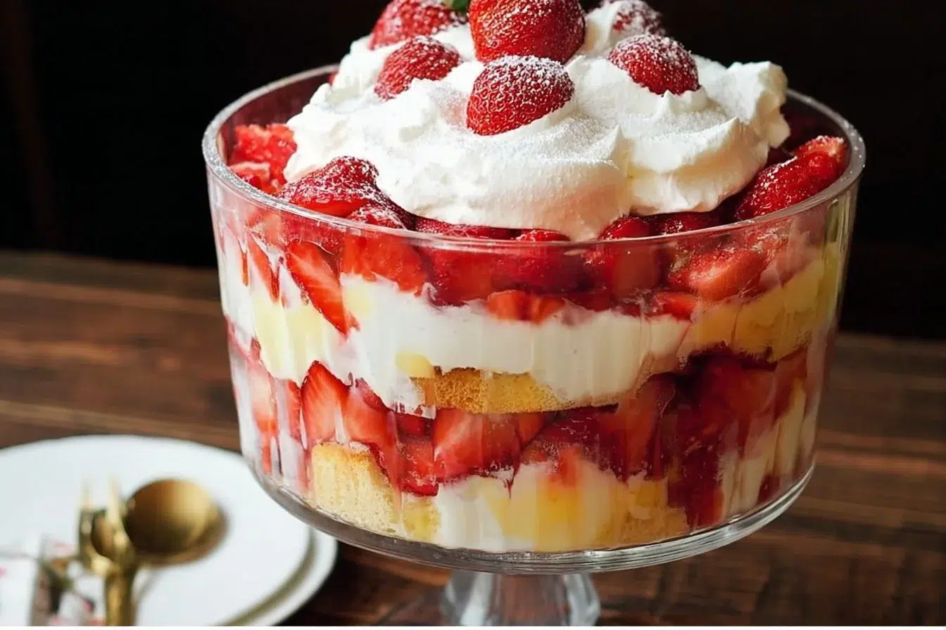 Delicious Strawberry Shortcake Trifle with layers of strawberries and cream