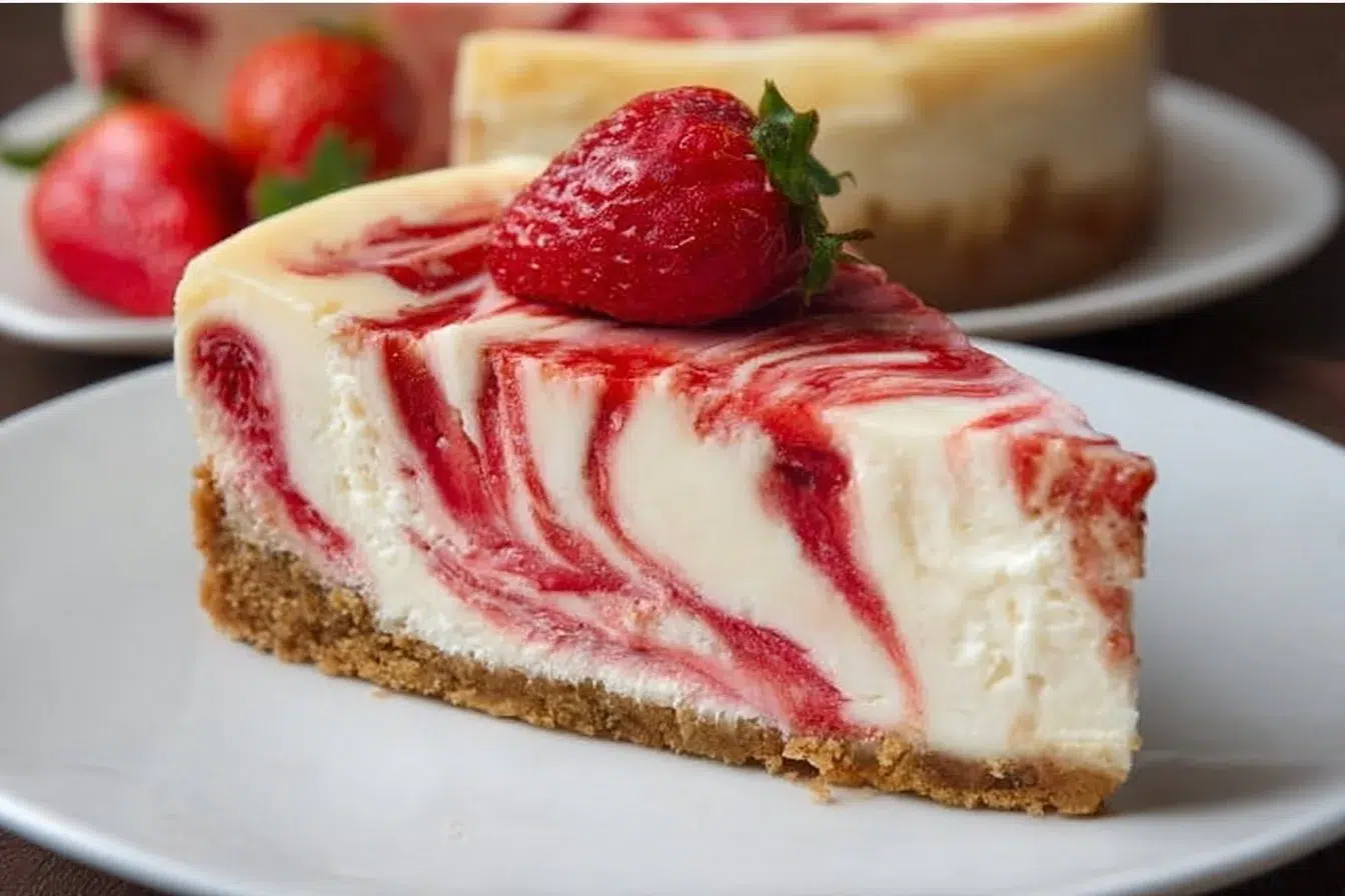 Delicious Strawberry Swirl Cheesecake topped with fresh strawberries and cream.